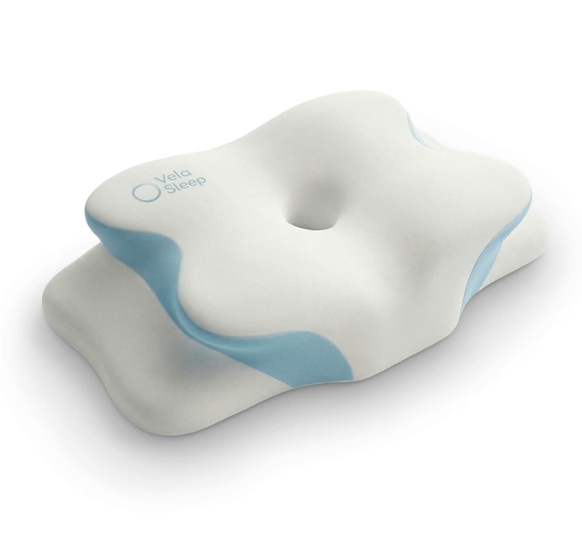Contoured VelaSleep memory-foam pillow viewed from above